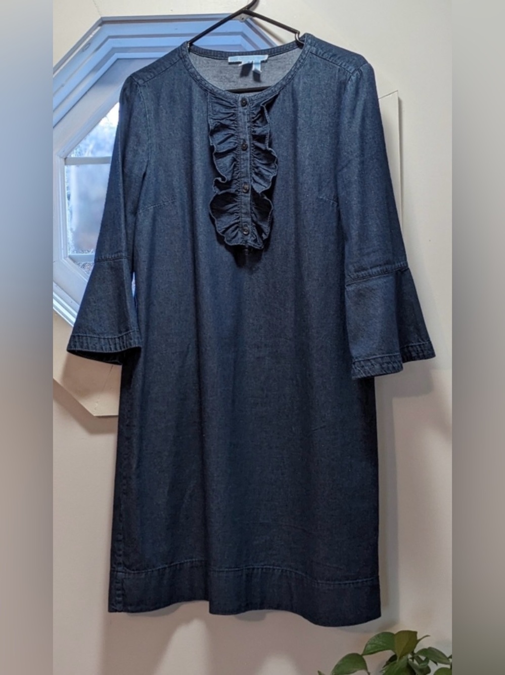 Draper James Denim Bell Sleeve Front Shift Dress Dark Blue